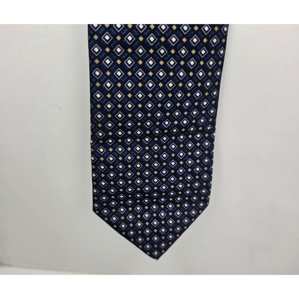 Francis Clivio Italy Silk Tie Navy Blue Gold Geometric Diamond Square Men Tie